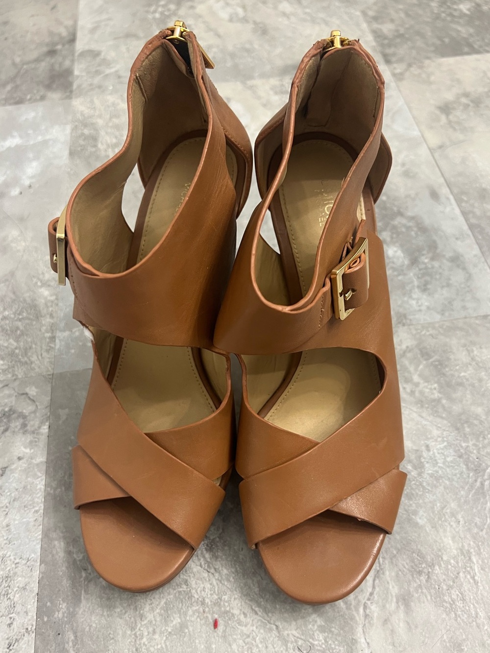 Michael Kors Cognac Leather High Heel Sandal with Buckle - Picture 5 of 11